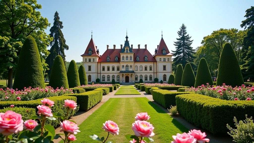 Starobylý zámek s růžovými květinami a zelený park v pozadí