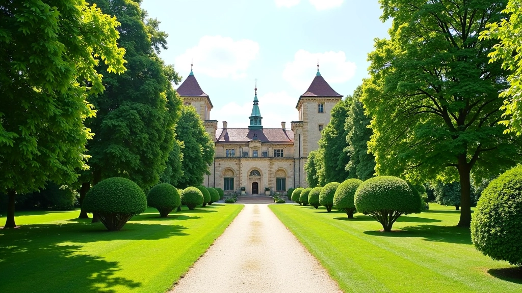 Průhonický park se starými stromy a cestami vedoucími mezi zahradami