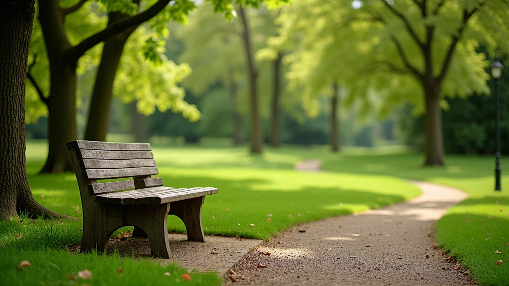 Staré lavičky na lavě s výhledem na rozlehlý park a vzdálené stromy